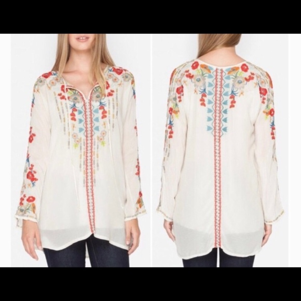 Johnny Was Embroidered Details Front Ties Long Sleeve Tunic Top